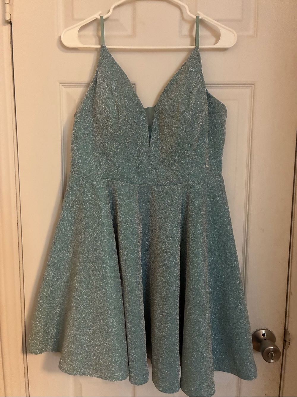Ever Pretty Sparkle V-Neck Mini Dress in Light Aqua